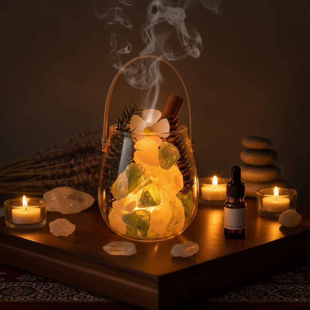 Flameless Aromatherapy Crystal Lamp Glowing in Sacred Space