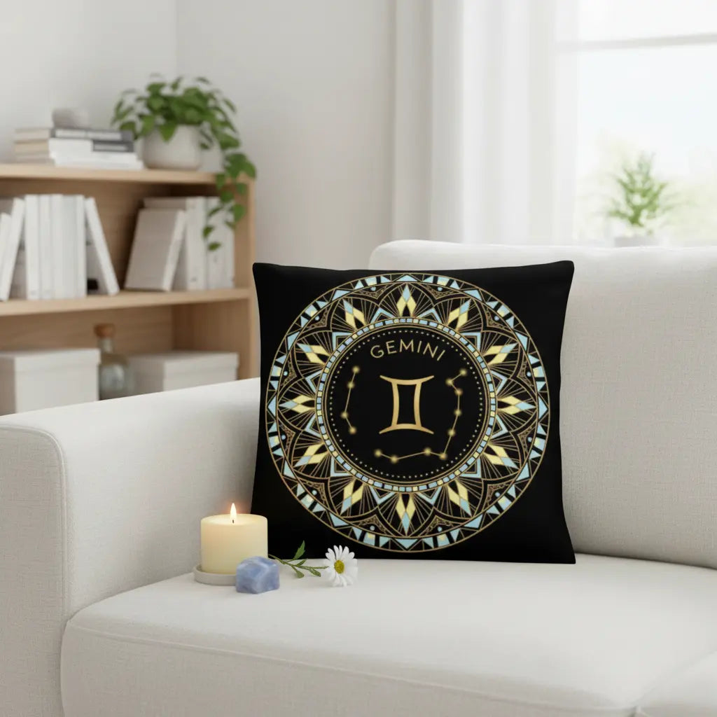 Gemini Art Deco Blue Cream Gold Mandala Zodiac Pillow Bright Airy Lifestyle Scene