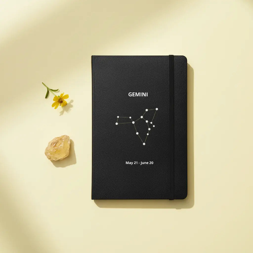 Gemini Constellation Slim Black Notebook Flat Lay Bright Airy Lifestyle Scene