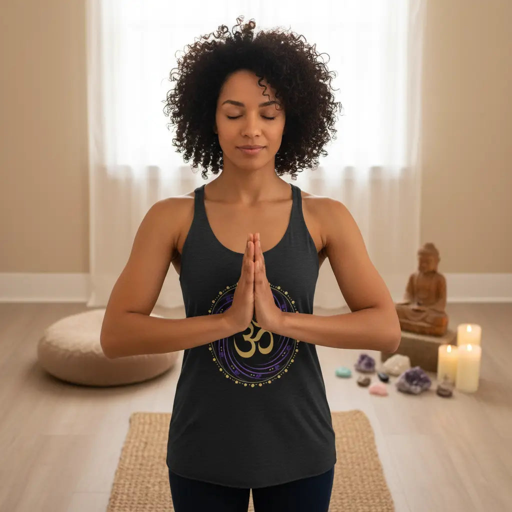 Gold Om Purple Mandala Tank Front View Lifestyle Scene