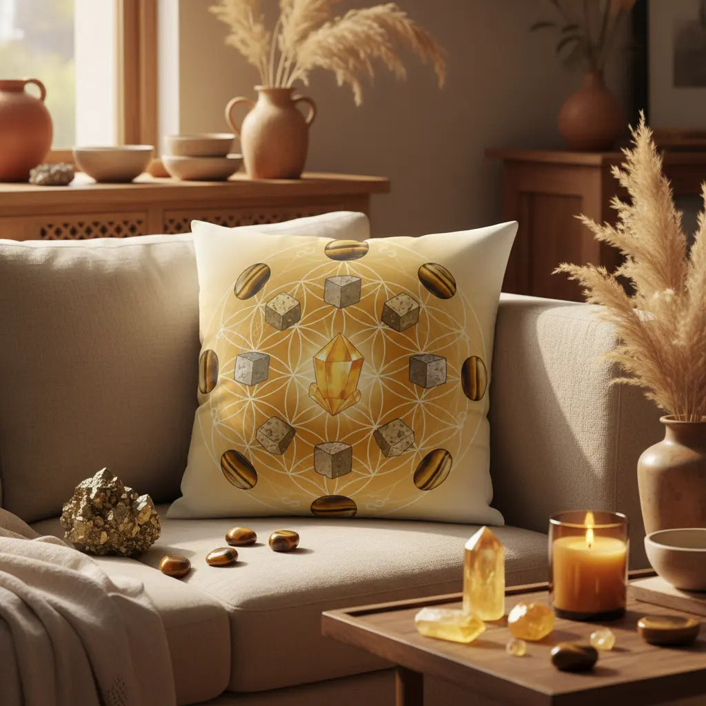 Golden Cream Citrine Pyrite Tiger Eye Flower of Life Pillow Lifestyle Scene