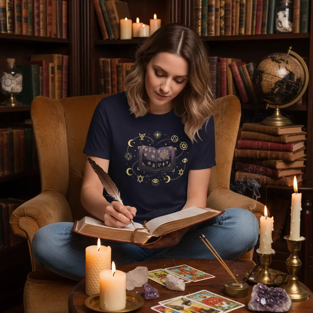 Golden Mystical Spell Book T-shirt Lifestyle Scene