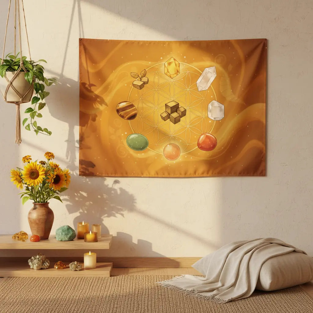 Golden Orange Cosmic Flower of Life Seven Wealth Crystals Tapestry Lifestyle Scene