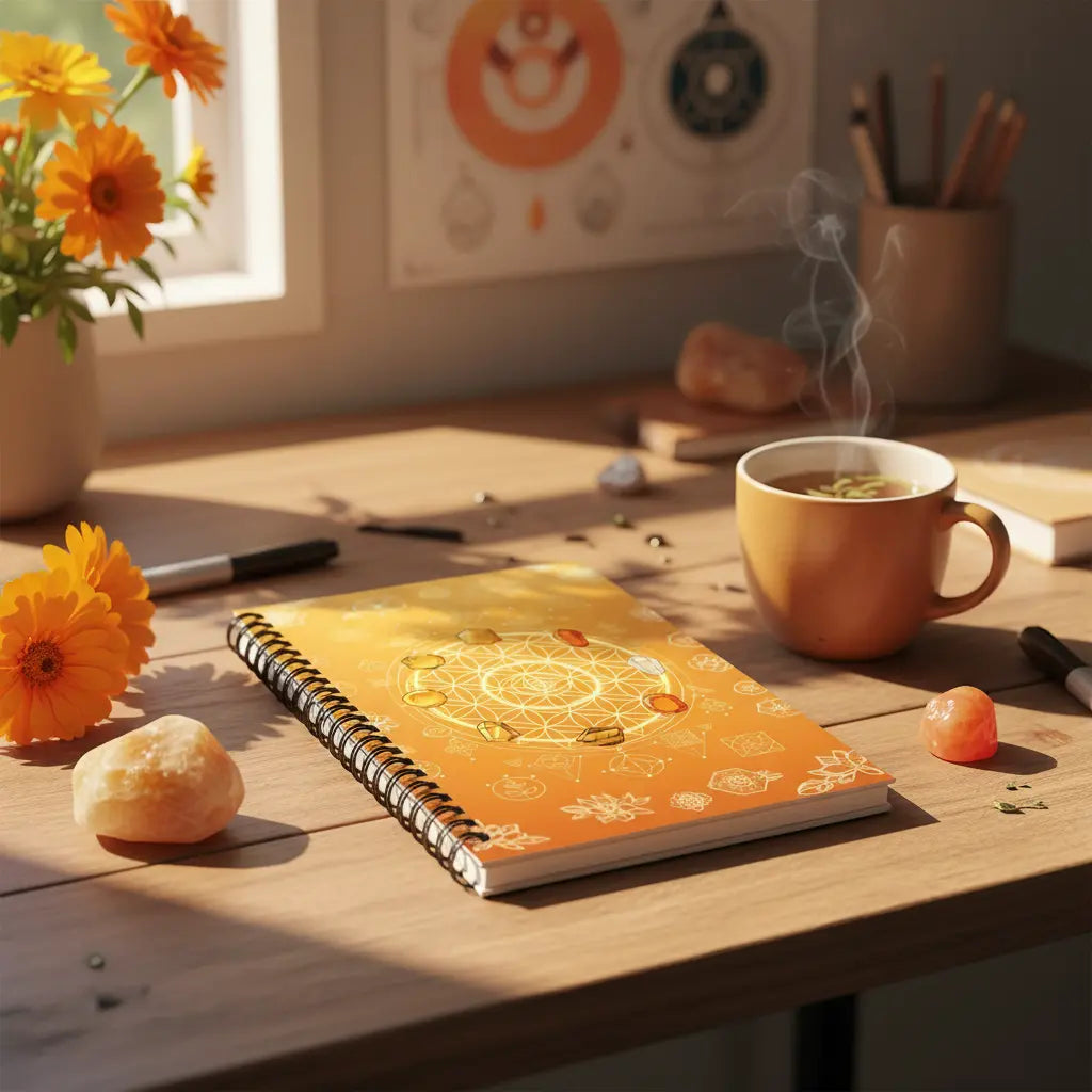 Golden Orange Solar Energy Crystal Flower of Life Notebook Lifestyle Scene