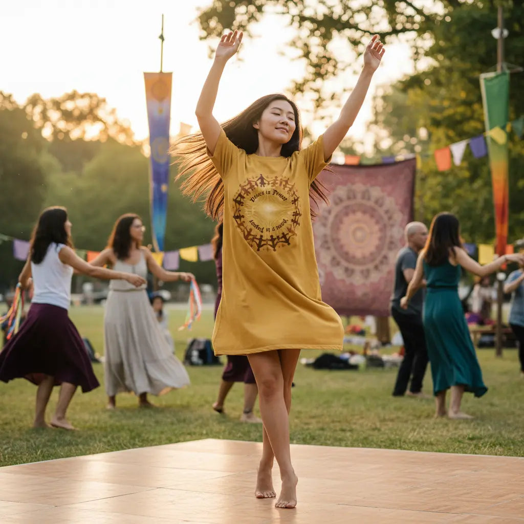 Golden Yellow Dance Is Prayer T-Shirt Dress Lifestyle Scene