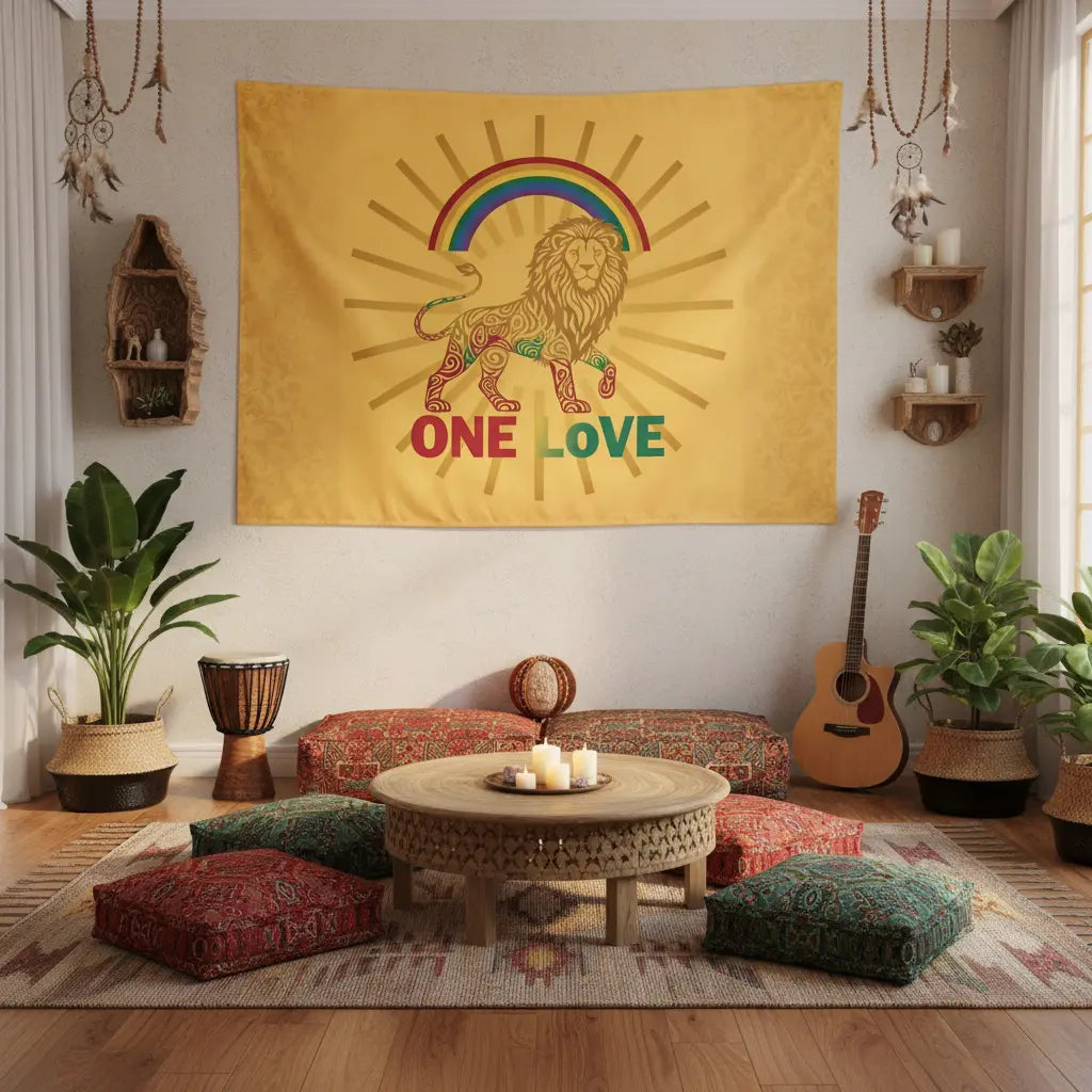 Golden Yellow One Love Rainbow Lion Tapestry Lifestyle Scene