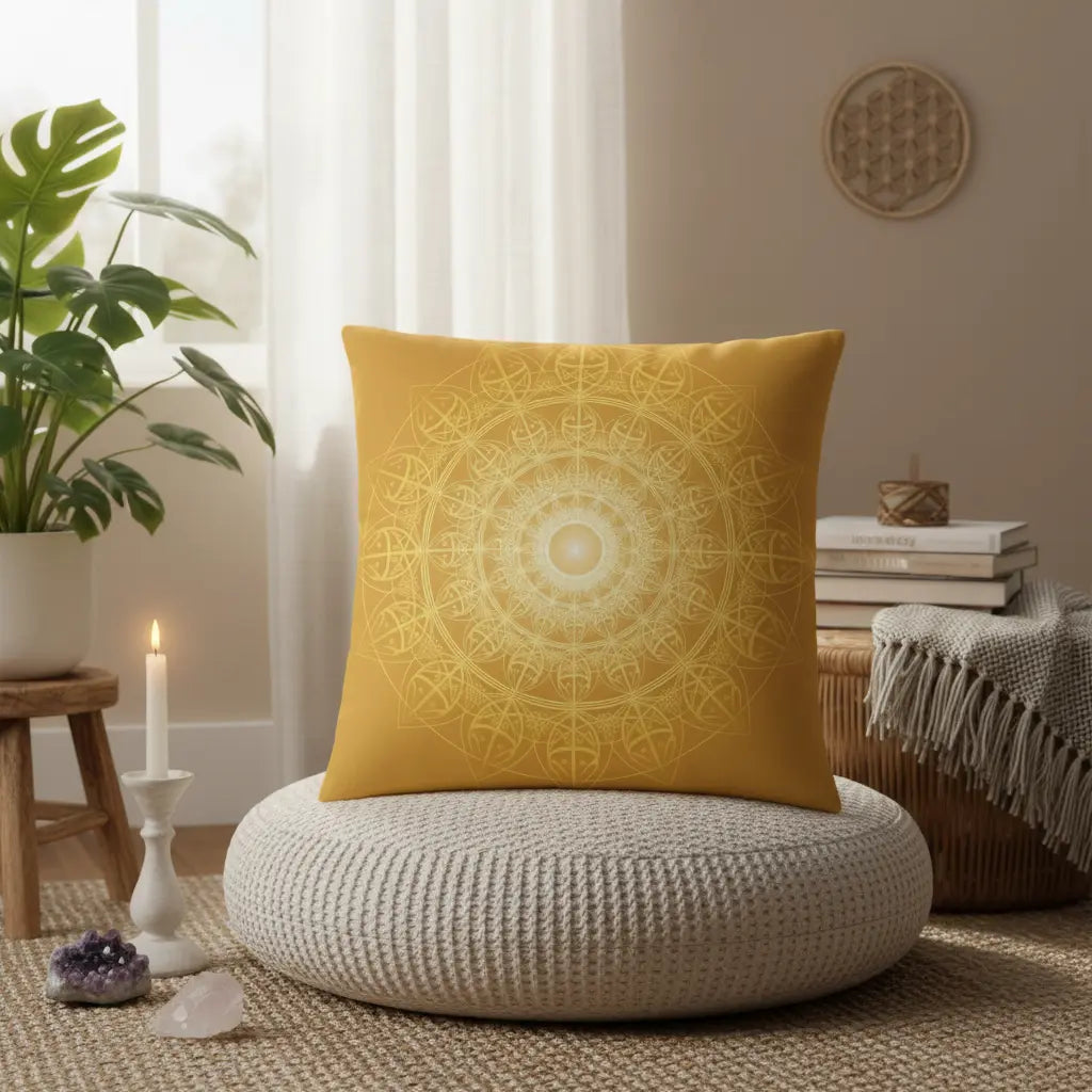 Golden Yellow Sacred Geometry Mandala Pillow Lifestyle Scene