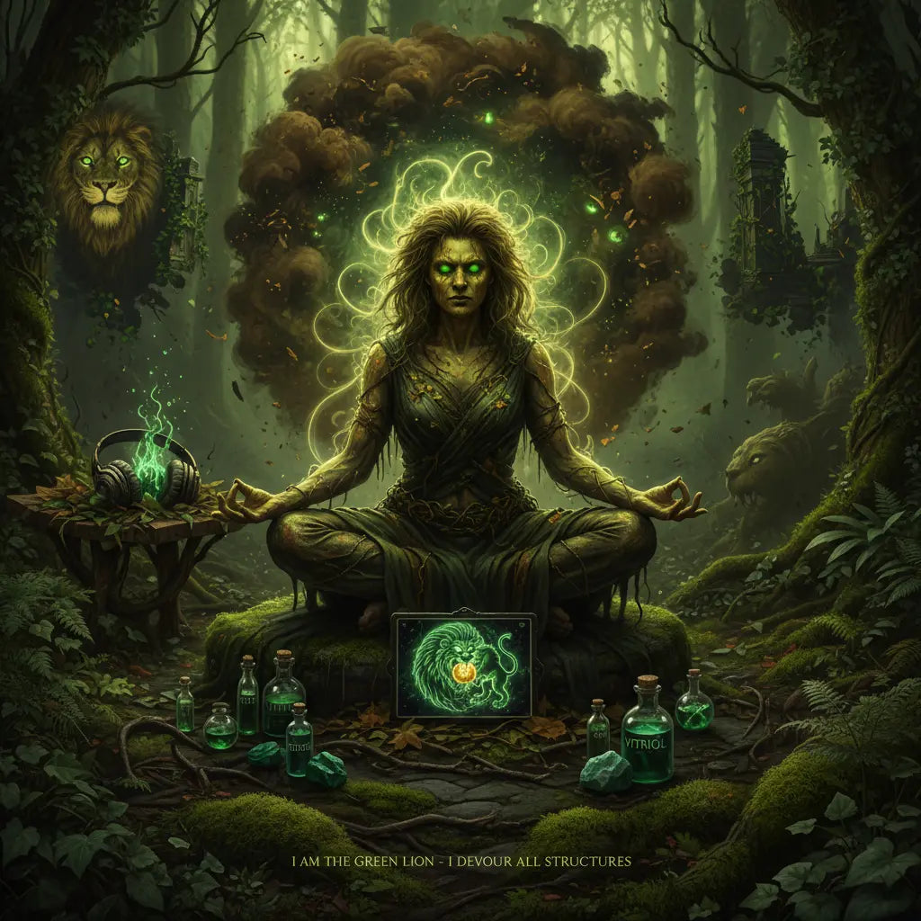 Green Lion Primal Matter Devouring Meditation Scene