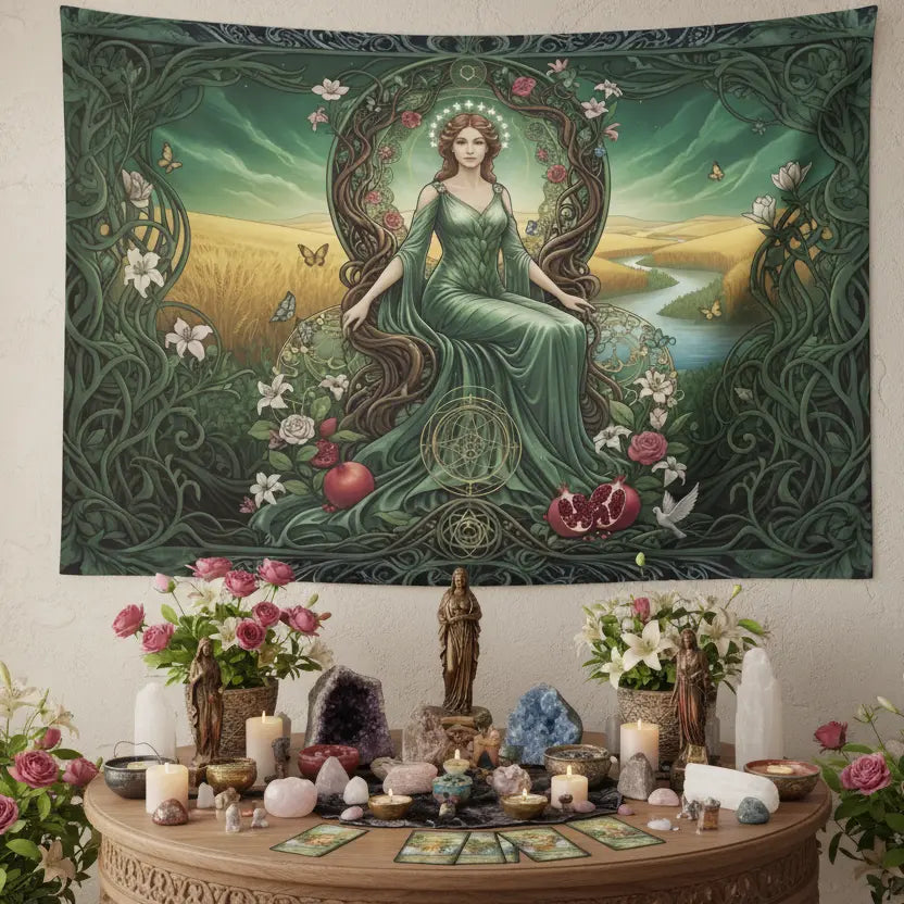 Green Tarot Empress Tapestry Horizontal Lifestyle Scene