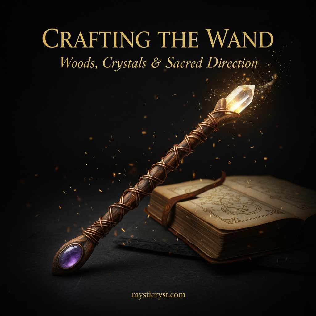 Crafting the Wand — handcrafted dark oak wand with copper wire and glowing quartz crystal point on grimoire