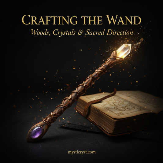 Crafting the Wand — handcrafted dark oak wand with copper wire and glowing quartz crystal point on grimoire