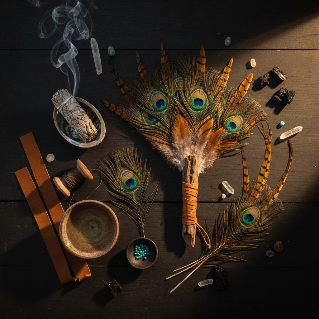 Dark flat lay with feather fan, loose peacock and pheasant feathers, leather strip, waxed thread, sage bundle in abalone shell and crystals