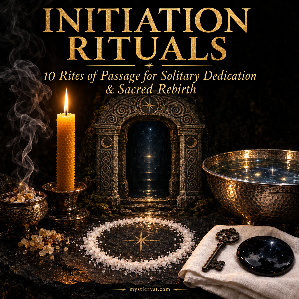 Initiation Rituals — stone portal archway with consecrated salt circle, antique iron key on white linen, obsidian disc, and starlight basin