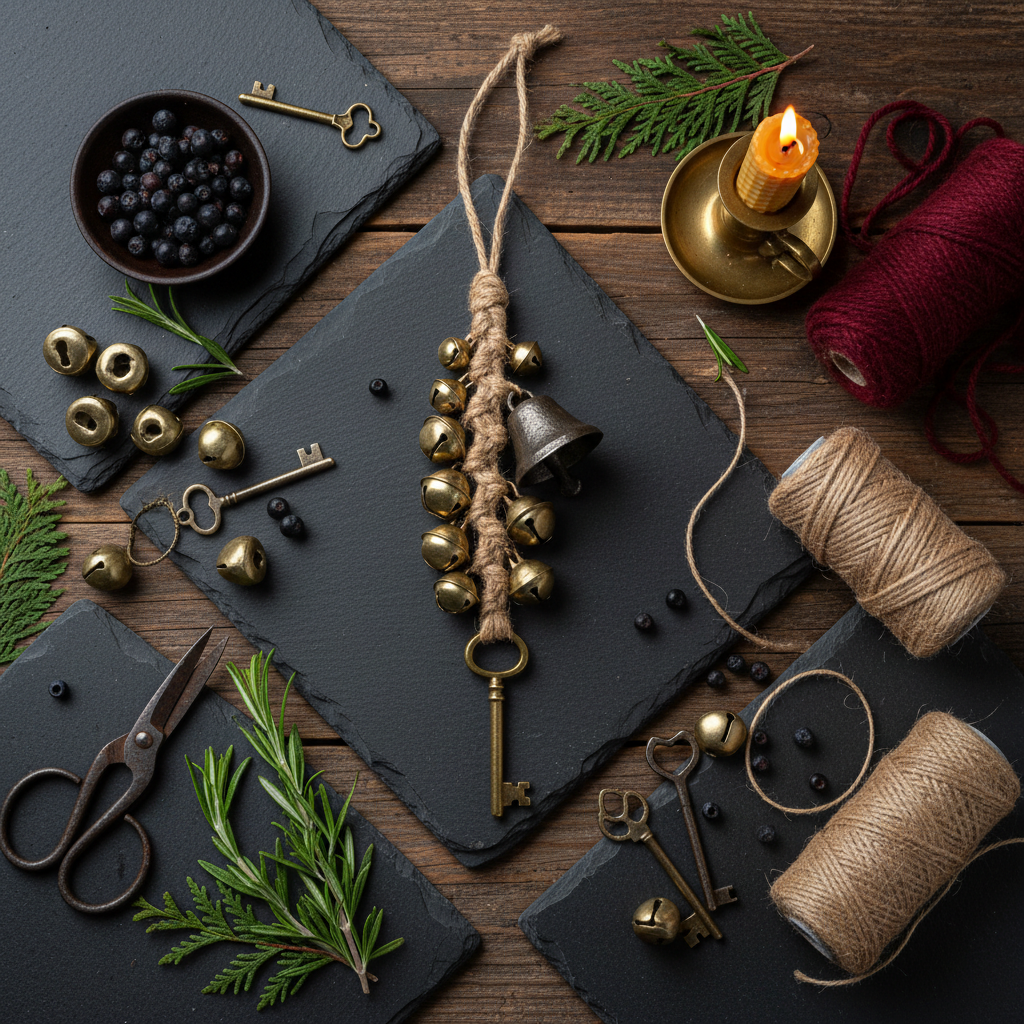 Dark flat lay with braided witches bells, loose brass and iron bells, vintage skeleton keys, jute twine, red wool and rosemary sprigs