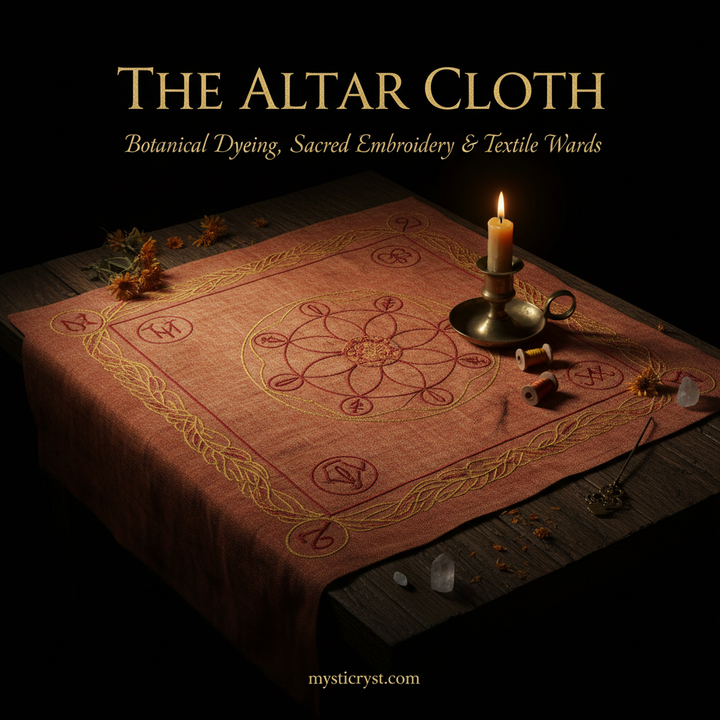 The Altar Cloth — handcrafted flax linen cloth dyed terracotta amber with gold embroidery, brass chamberstick, quartz crystal and dried calendula on oak altar