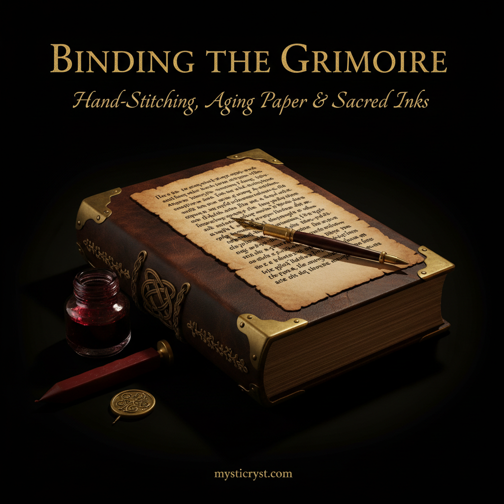 Binding the Grimoire — hand-bound leather book with Coptic chain stitch spine, brass corners and dragon's blood inkwell