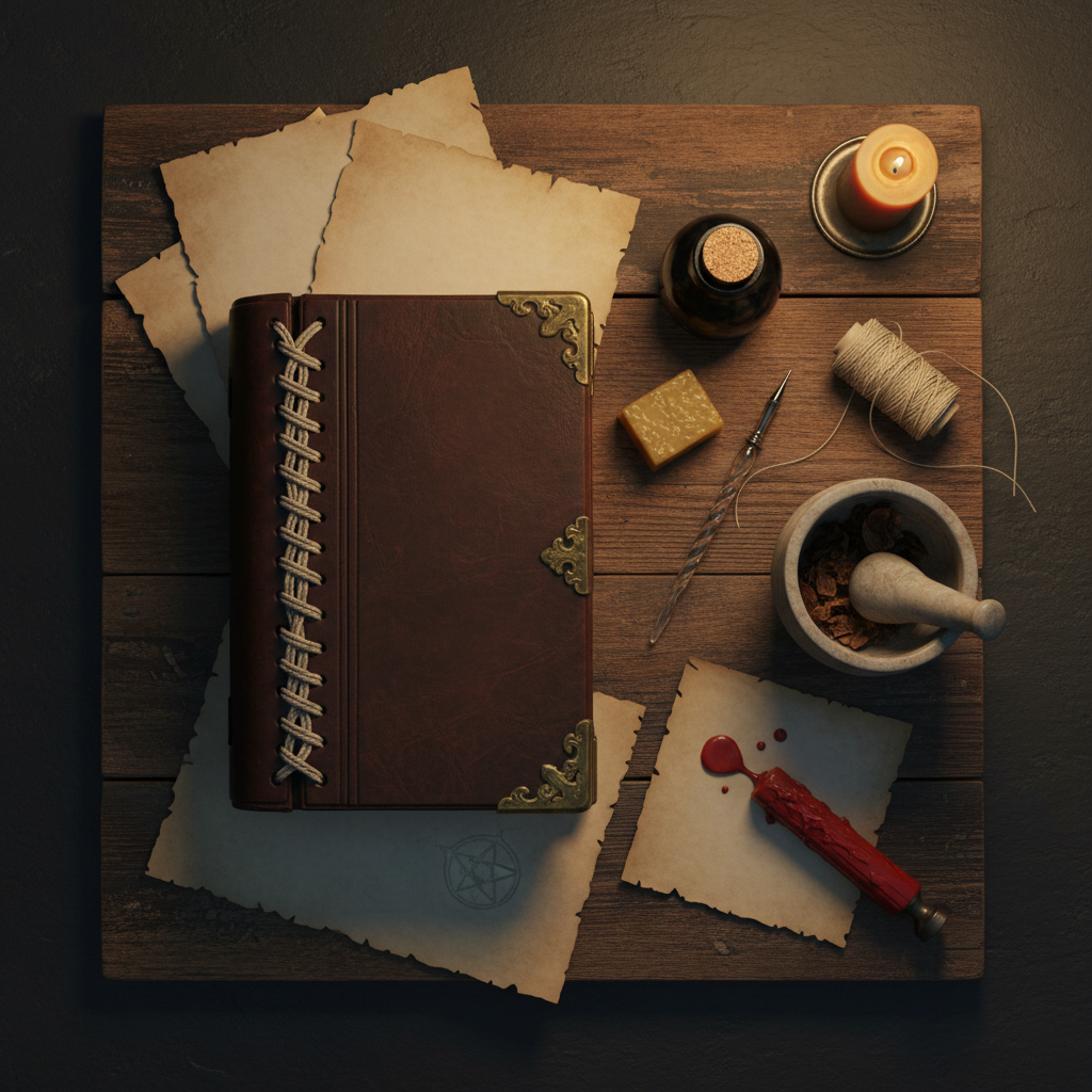Dark flat lay with hand-bound leather grimoire, bookbinding needle, iron gall ink, oak galls, beeswax and sealing wax