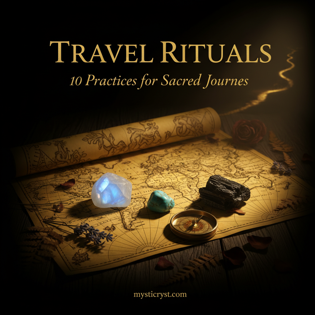 Travel Rituals: 10 Practices for Sacred Journeys — vintage map with crystals, compass and candlelight