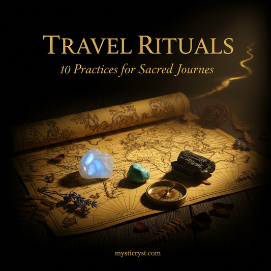 Travel Rituals: 10 Practices for Sacred Journeys — vintage map with crystals, compass and candlelight