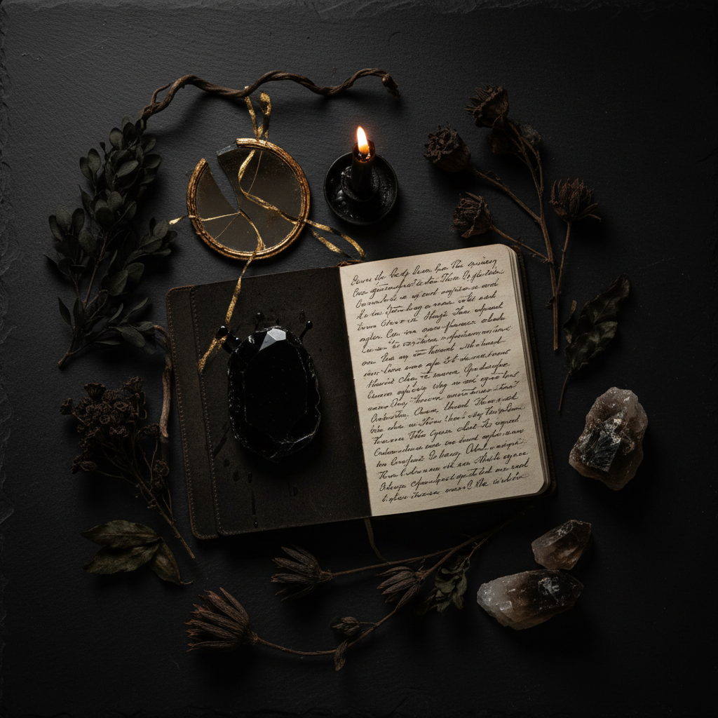 Dark flat lay with obsidian crystal, black candle, smoky quartz and open journal