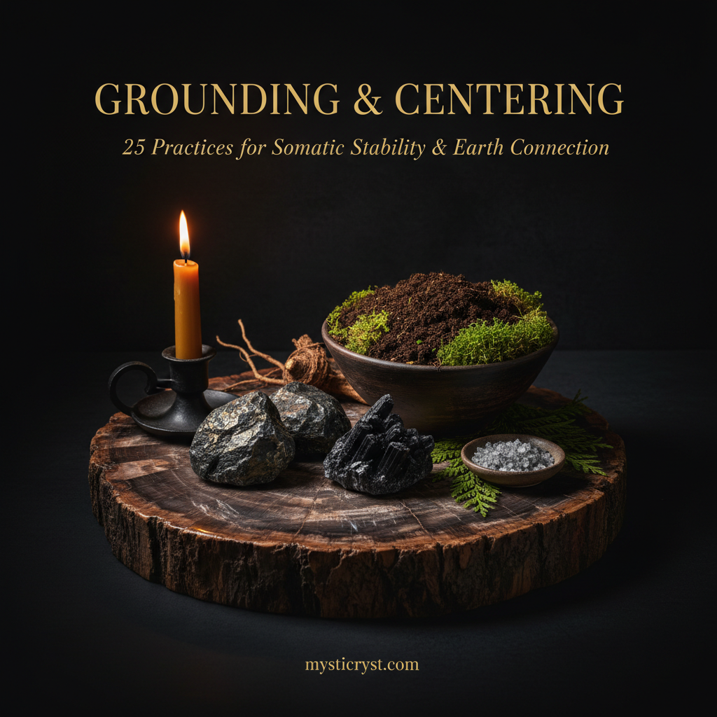 Grounding & Centering — polished petrified wood slab, raw hematite stones, black tourmaline, clay bowl with forest soil and moss, beeswax candle