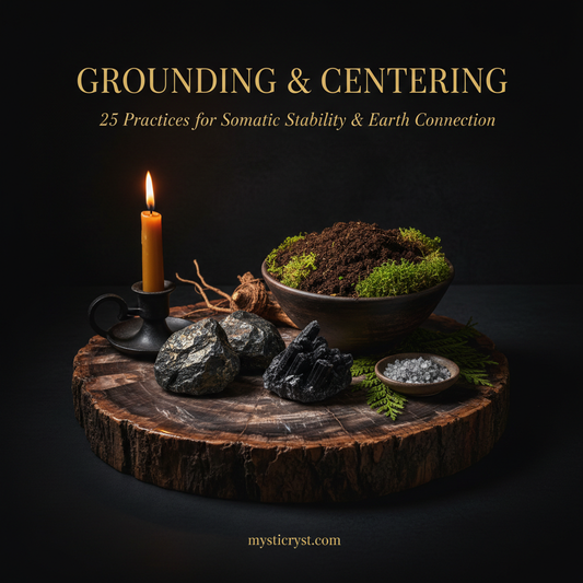 Grounding & Centering — polished petrified wood slab, raw hematite stones, black tourmaline, clay bowl with forest soil and moss, beeswax candle
