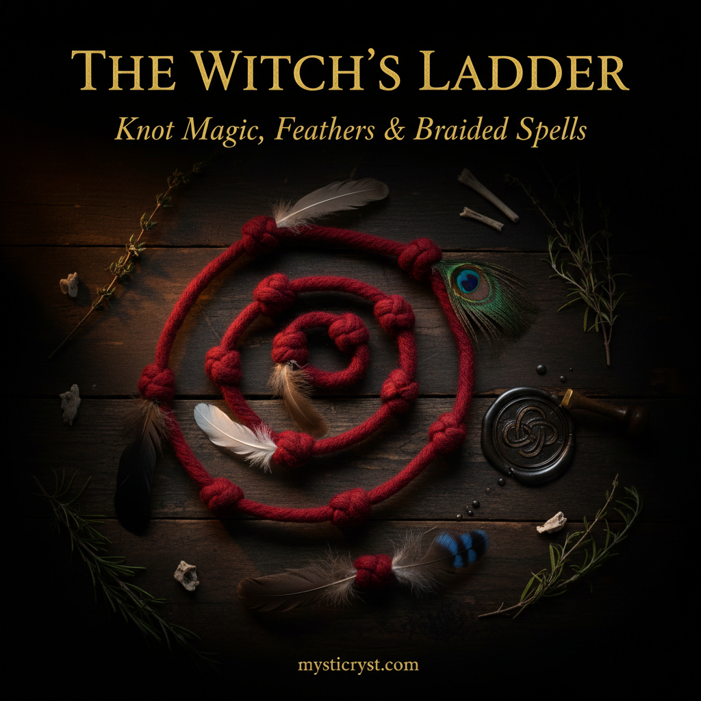 The Witch's Ladder — crimson wool nine-knot cord with crow dove owl and peacock feathers bound in each knot