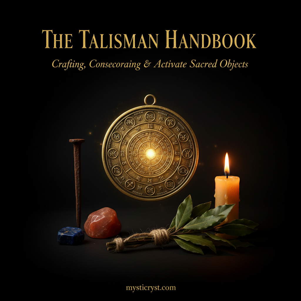 The Talisman Handbook — ancient brass and gold planetary talisman with crystals, iron nail and candle flame