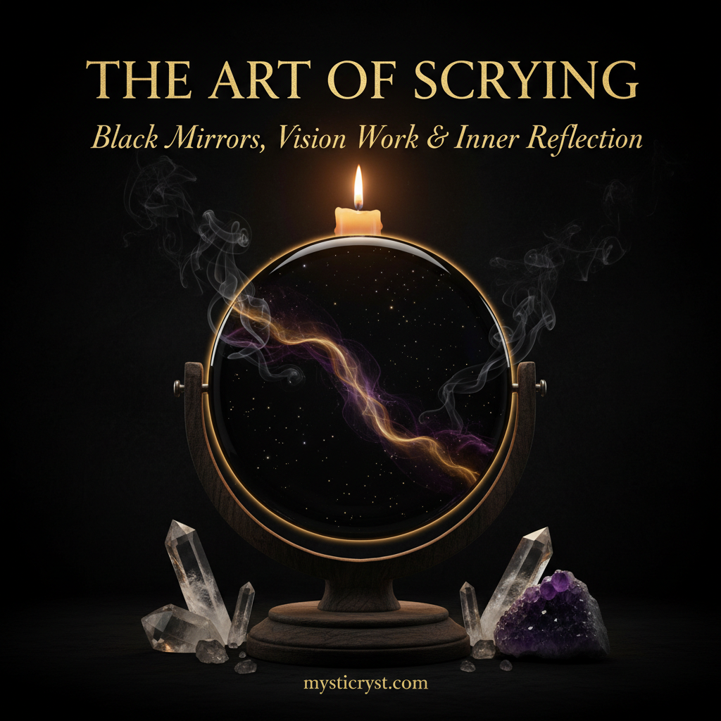 The Art of Scrying — black obsidian mirror on wooden stand with candle flame, crystals and incense smoke