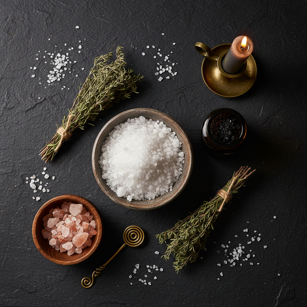 Dark flat lay with bowl of sea salt, black witches salt jar, pink salt, dried rosemary and brass spoon with candle