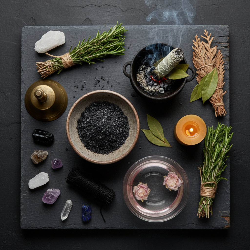 Dark flat lay with black salt scrub bowl, smoldering iron cauldron, spring water with rosewater, brass bell, raw crystals, and beeswax candle