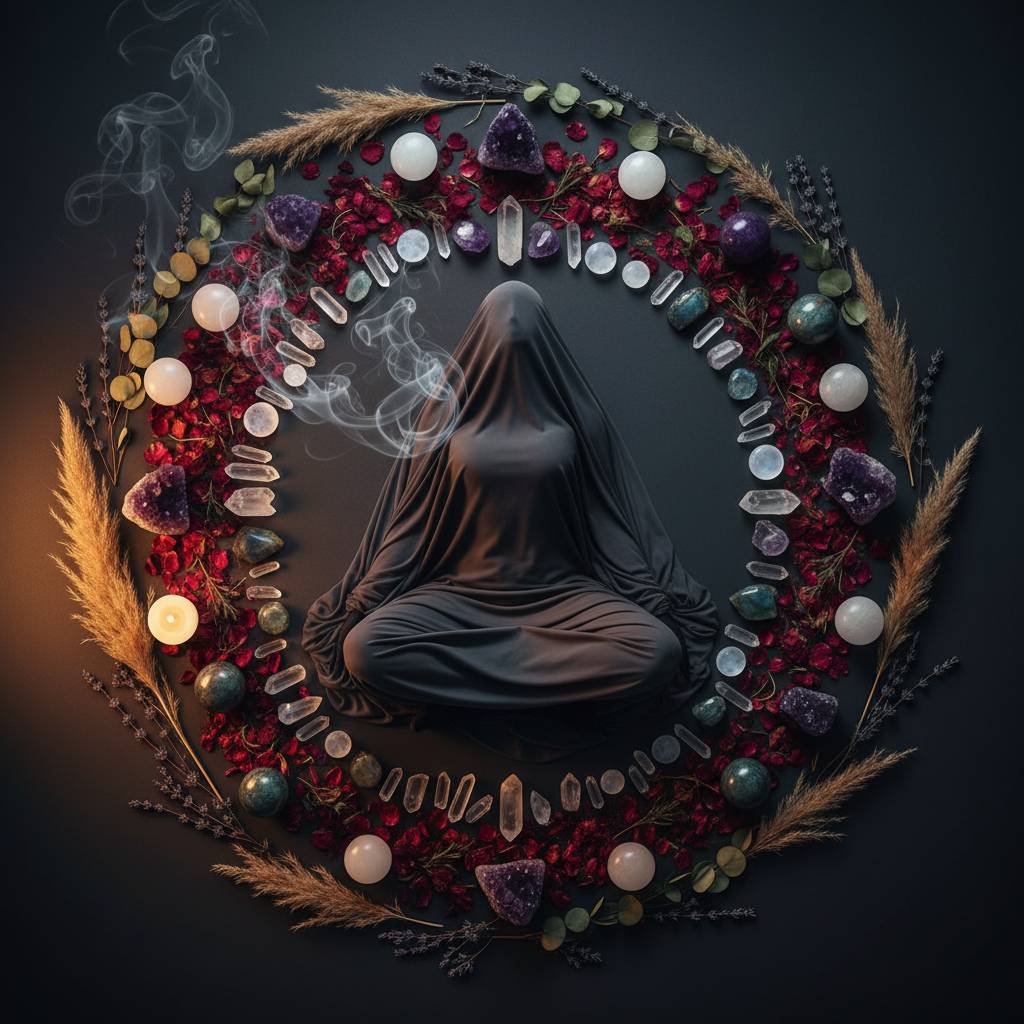 Dark flat lay with crystal circle, botanicals and meditation setup