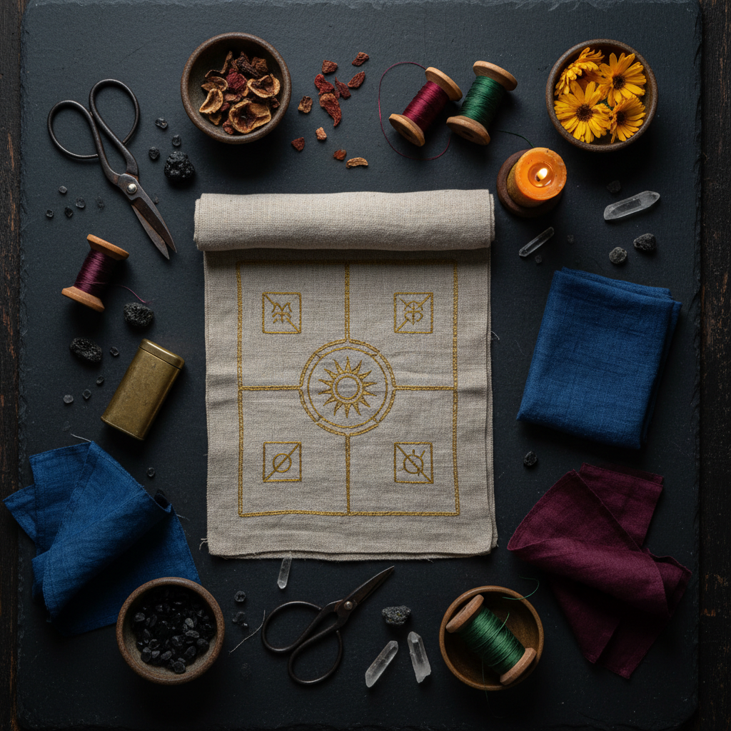 Dark flat lay with botanically dyed linen altar cloth with gold chain stitch embroidery, antique iron shears, silk thread spools, madder root and walnut hulls
