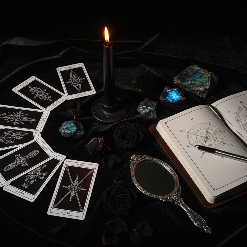 Reversals Mastery lifestyle flat lay with reversed tarot cards obsidian and black candle