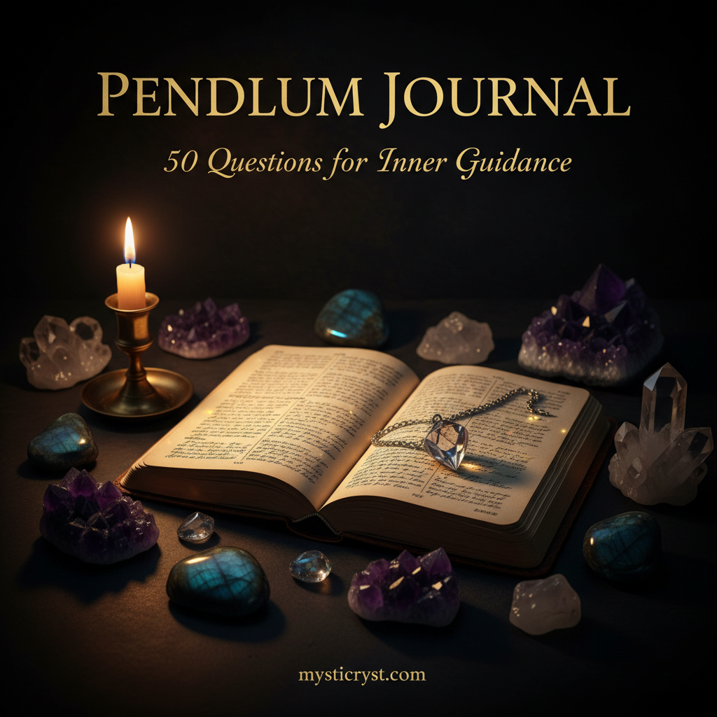 Pendulum Journal: 50 Questions for Inner Guidance — open journal with crystal pendulum and candlelight