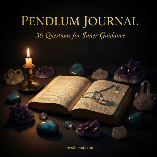 Pendulum Journal: 50 Questions for Inner Guidance — open journal with crystal pendulum and candlelight