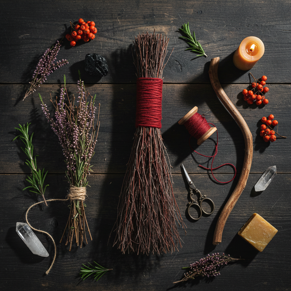 Dark flat lay with handcrafted besom, dried birch and rosemary bundles, red cord, rowan berries and crystals