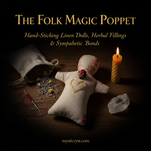 The Folk Magic Poppet — handcrafted natural linen doll with red embroidery thread, dried rosebud, antique needle and lavender on oak altar