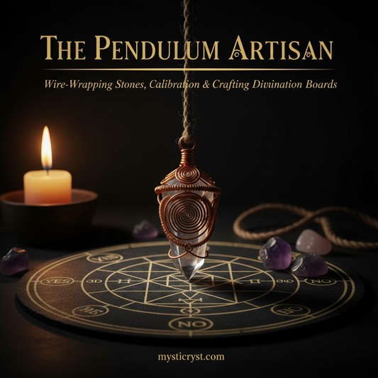 The Pendulum Artisan — copper fibonacci wire-wrapped clear quartz pendulum hovering over sacred geometry divination board