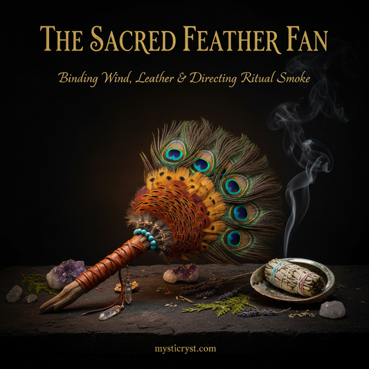 The Sacred Feather Fan — handcrafted ceremonial fan with peacock and pheasant feathers, leather-wrapped driftwood handle, beside smoldering sage bundle