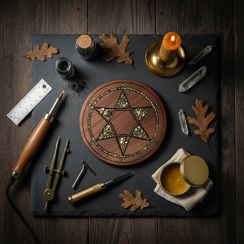 Dark flat lay with wood-burned altar tile, pyrography wire-nib pen, drafting compass, crushed minerals, beeswax balm and quartz points