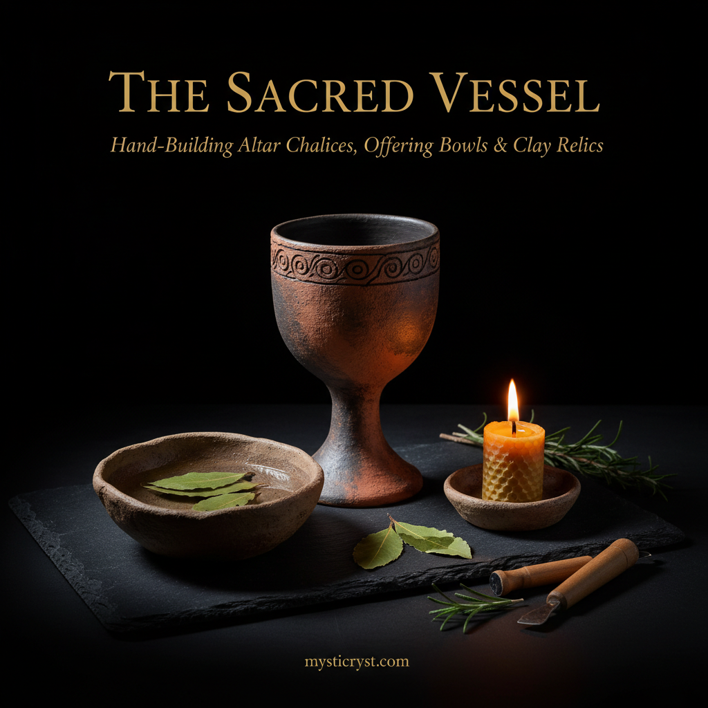 The Sacred Vessel — handcrafted terracotta and stoneware altar chalice, wild clay offering bowl with water and beeswax candle on slate altar