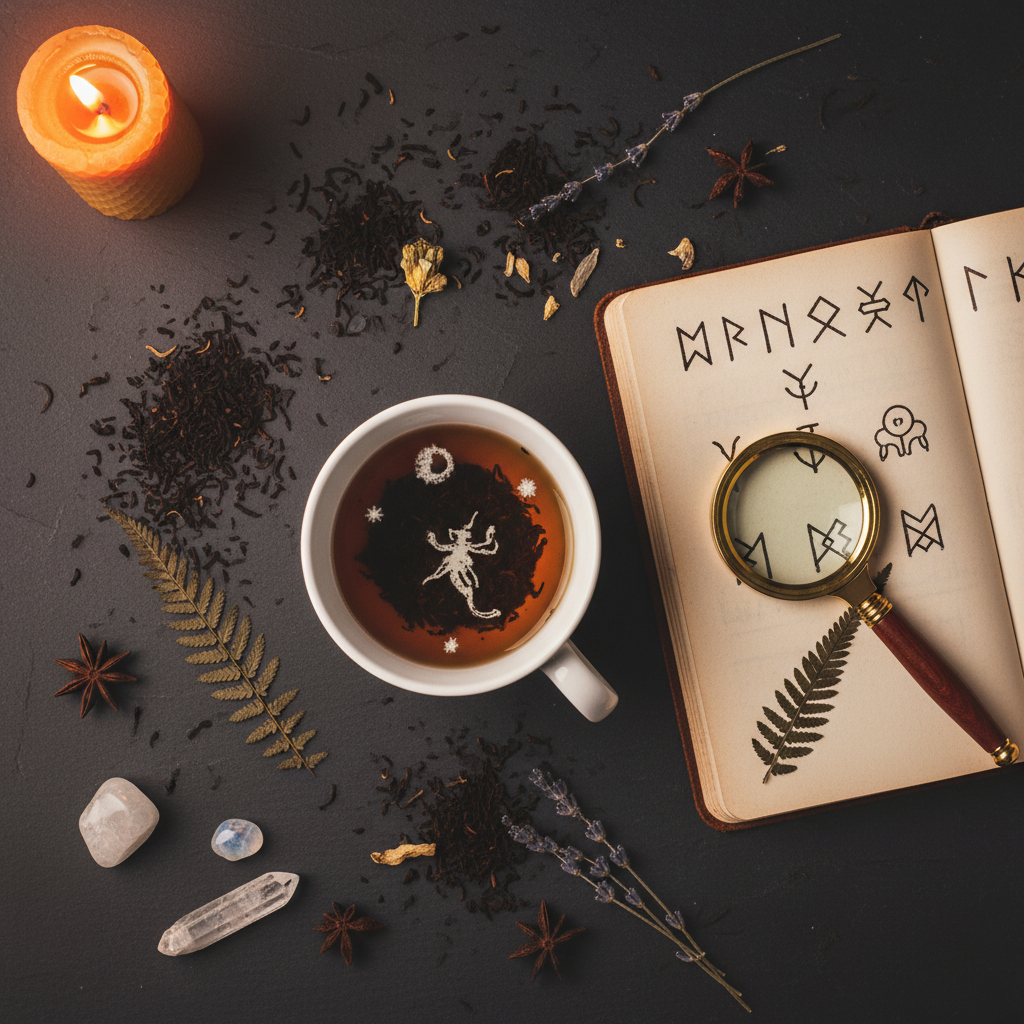 Dark flat lay with white teacup, tea leaves, journal, crystals and magnifying glass