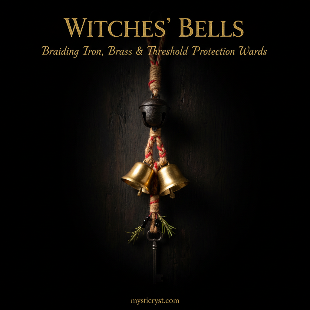 Witches' Bells — handcrafted door ward with braided jute cord, red wool, antique brass bells, cast iron bell and skeleton key