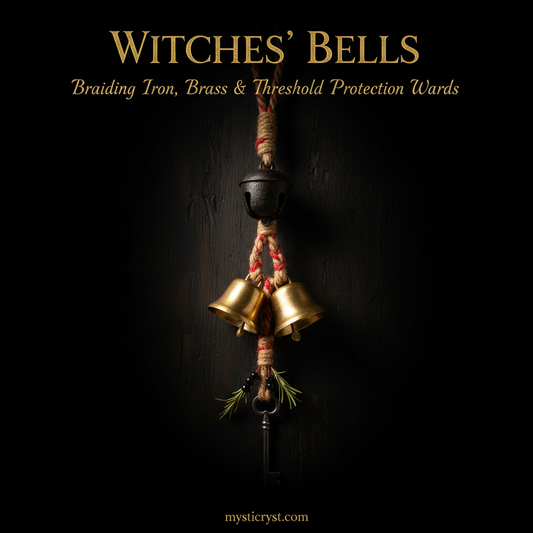Witches' Bells — handcrafted door ward with braided jute cord, red wool, antique brass bells, cast iron bell and skeleton key
