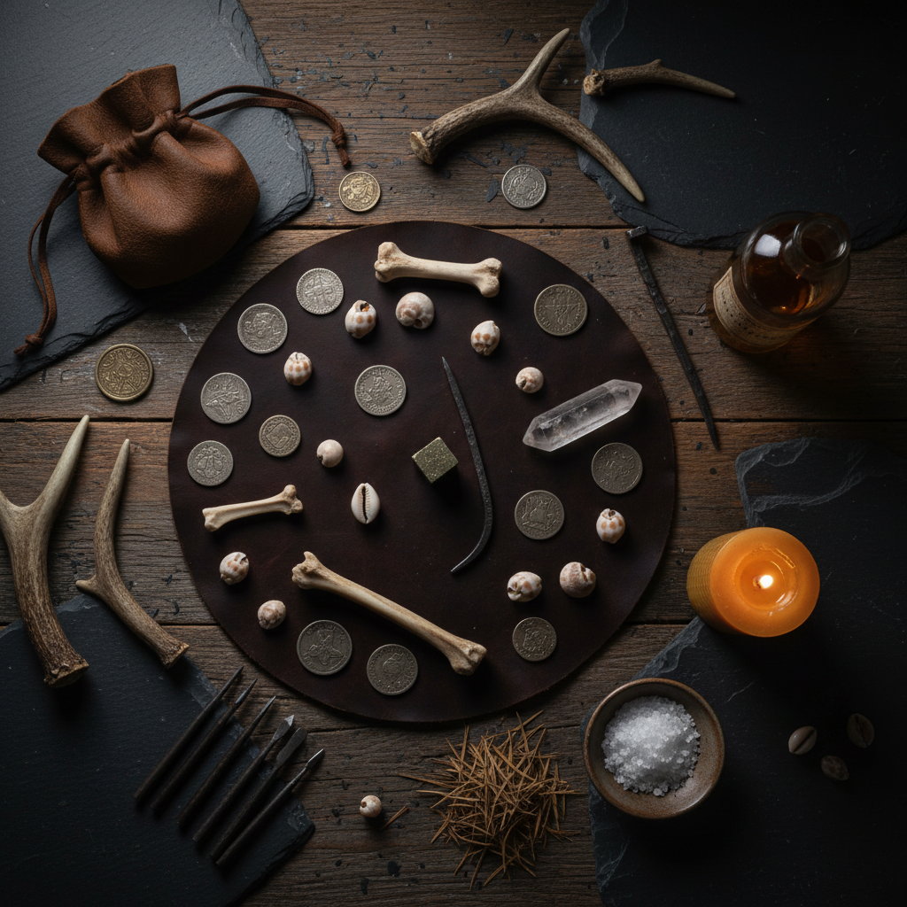 Dark flat lay with scattered bone casting set on circular distressed leather mat, cowrie shells, antique silver coin, iron horseshoe nail and crystal points