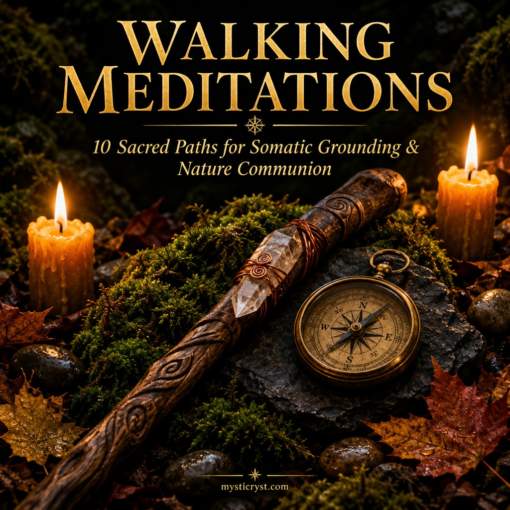 Walking Meditations — wooden pilgrim staff with quartz point, brass compass, forest moss, river pebbles, and beeswax candles on dark slate