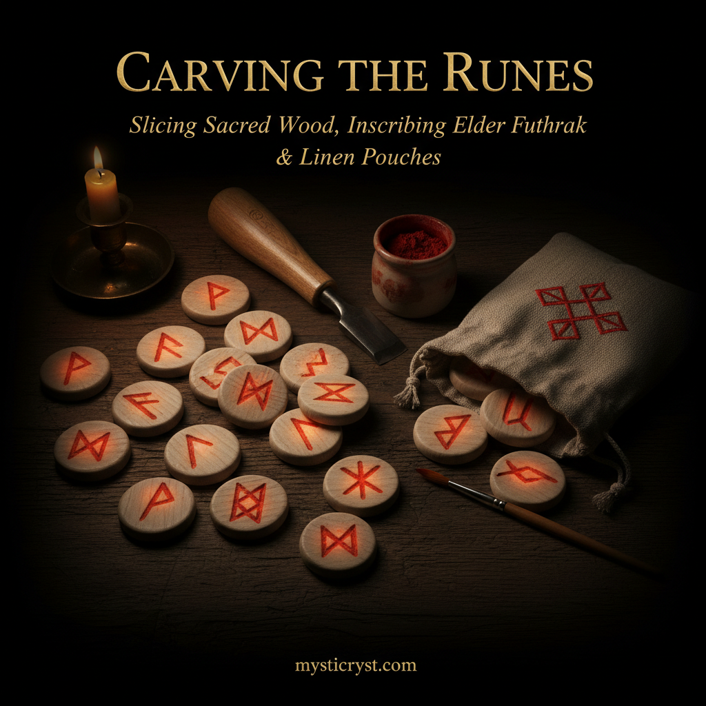 Carving the Runes — hand-carved ash wood Elder Futhark rune tiles with red ochre inscriptions and linen pouch with bind rune