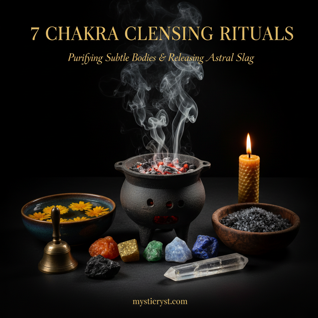7 Chakra Cleansing Rituals — cast iron brazier with smoke, spring water with calendula, black salt scrub, and seven raw crystals on dark altar