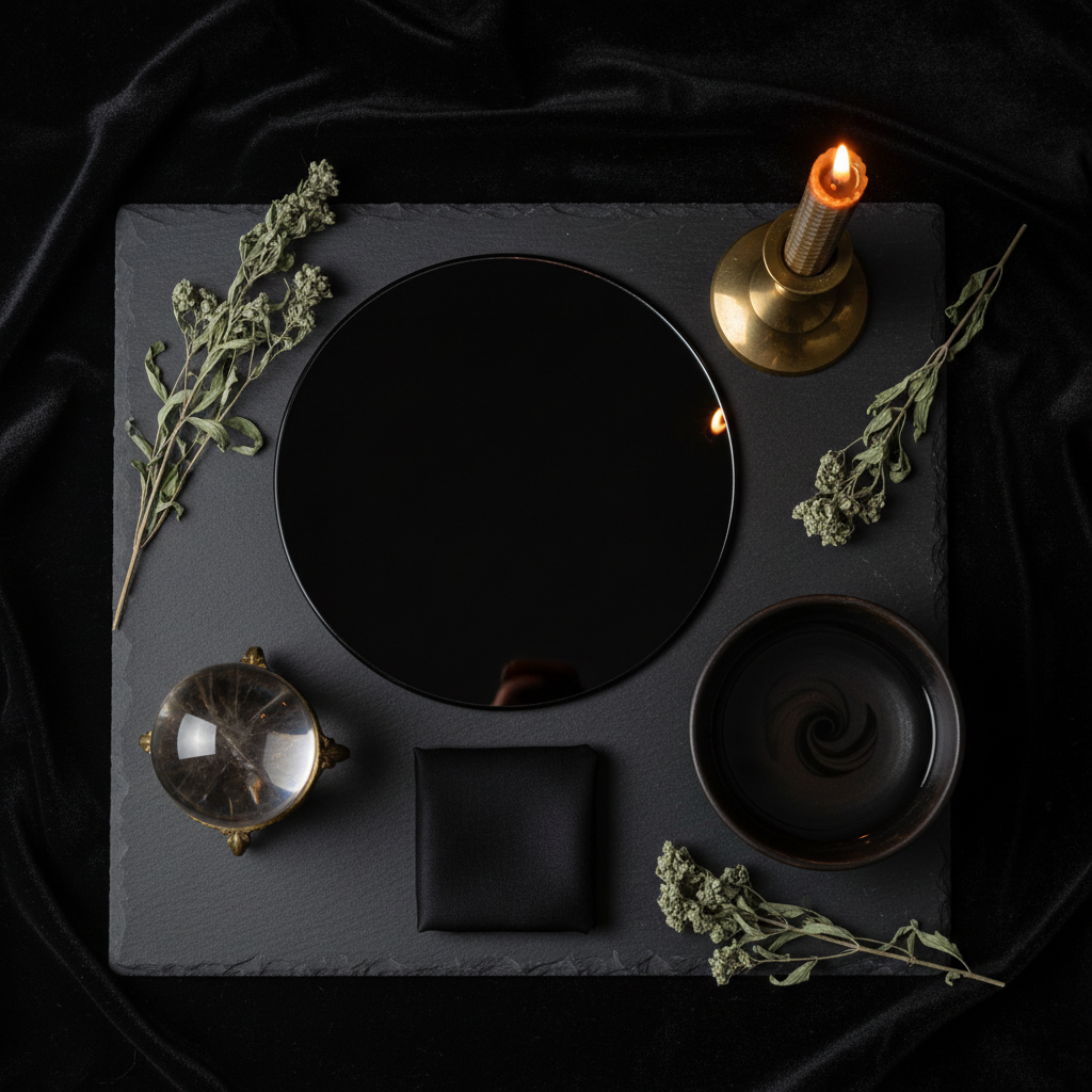 Dark flat lay with black obsidian mirror, clear quartz sphere, dark water bowl and beeswax candle on black velvet